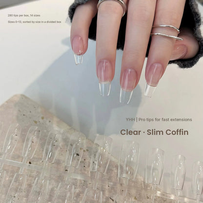 YHH clear slim coffin full-cover tips on a hand, 280 tips in 14 sizes