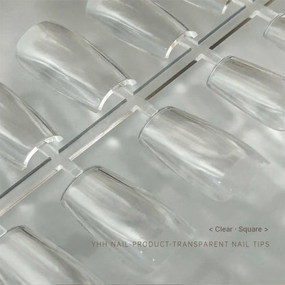 Close-up of YHH clear square full-cover tips on the runner