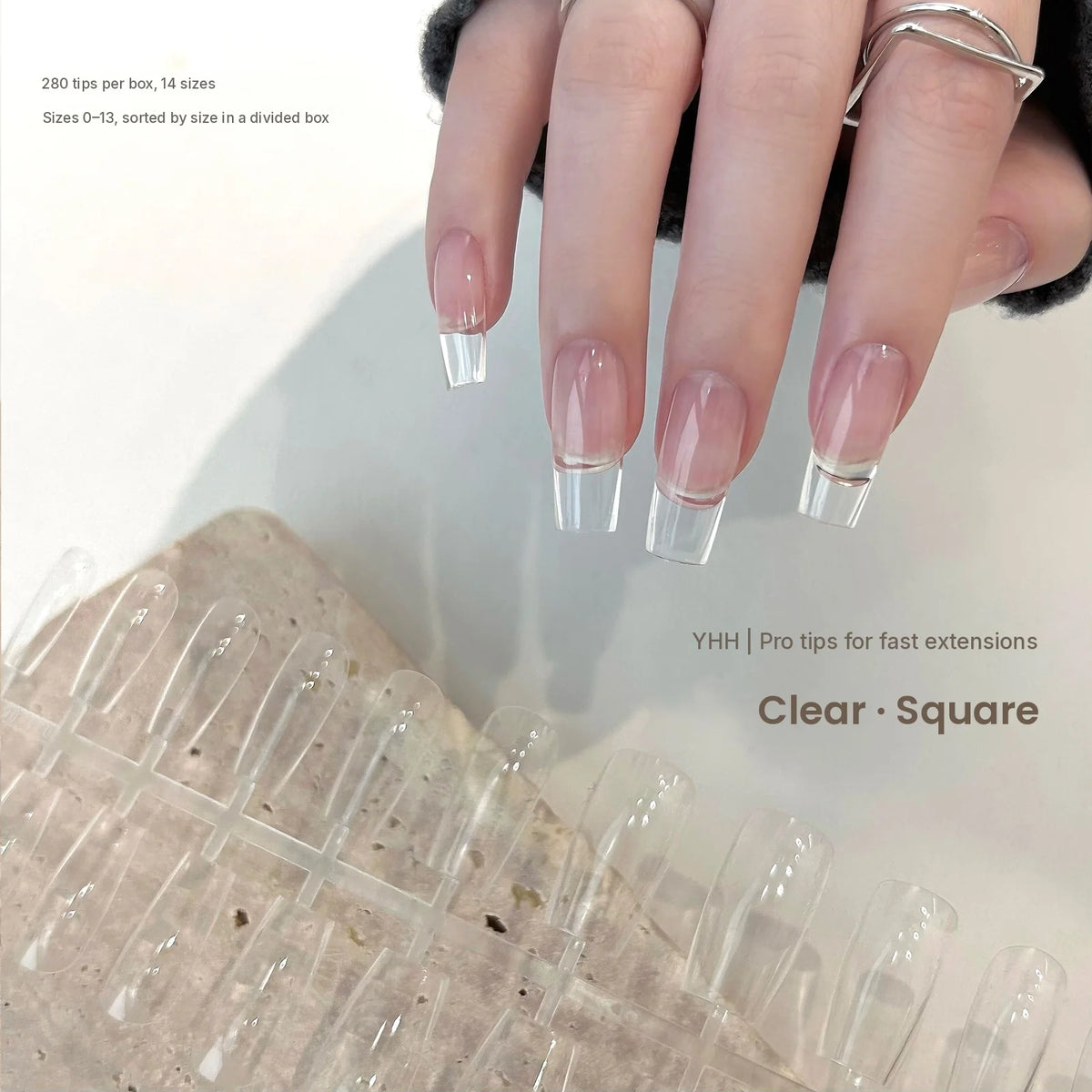 YHH clear square full-cover tips on a hand, 280 tips in 14 sizes