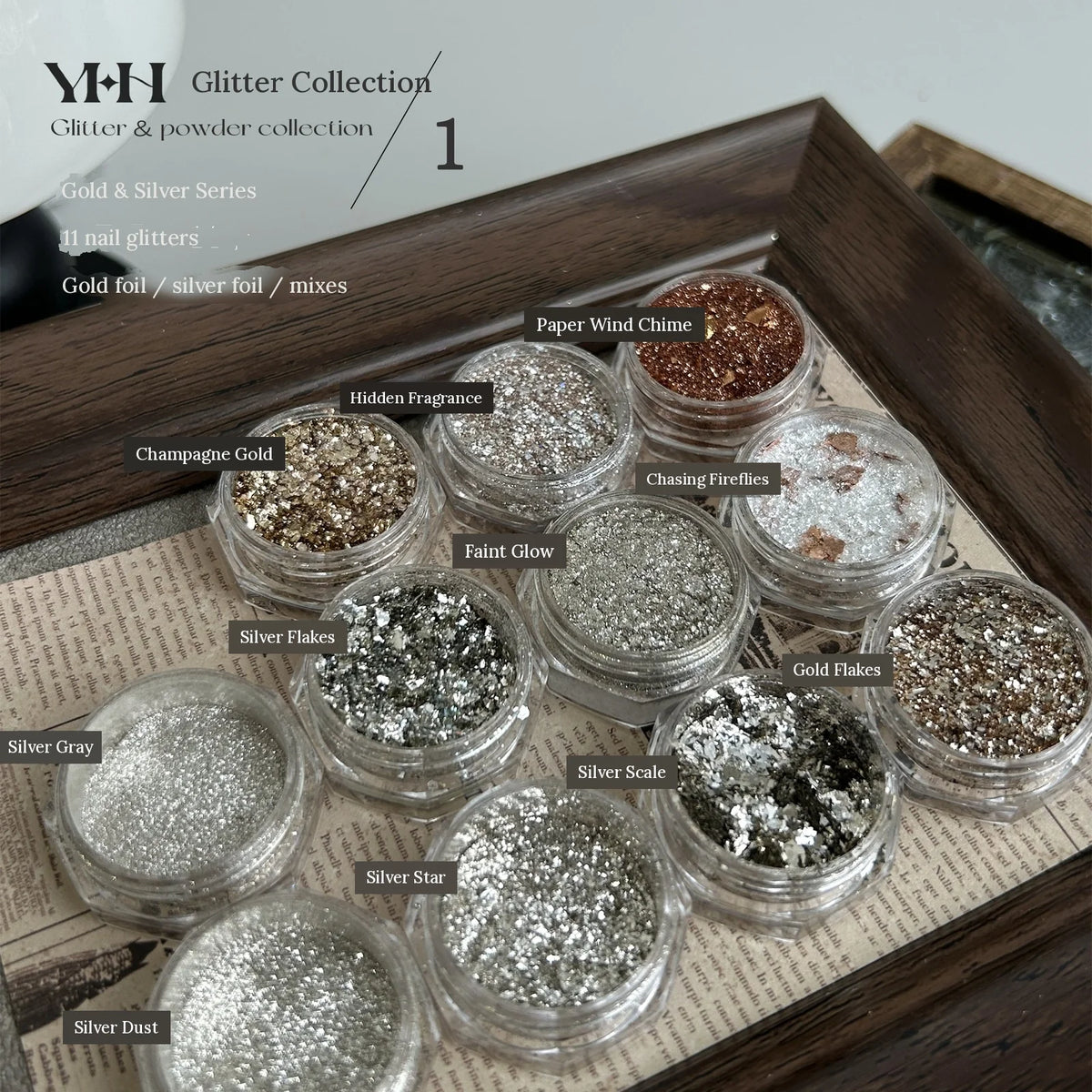 YHH Gold & Silver glitter collection: 11 jars of foil flakes and mixes, labeled in English
