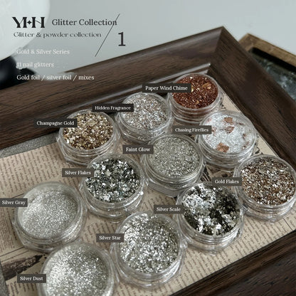 YHH Gold & Silver glitter collection: 11 jars of foil flakes and mixes, labeled in English