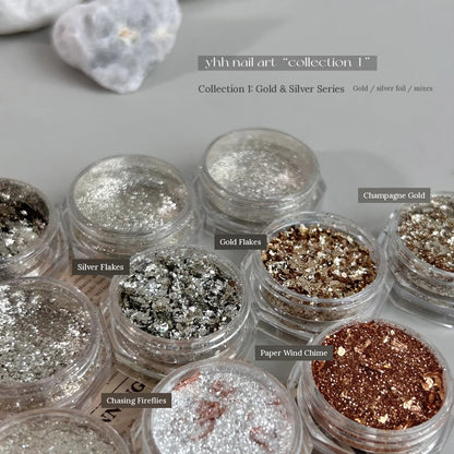 YHH gold and silver foil glitter jars in a row