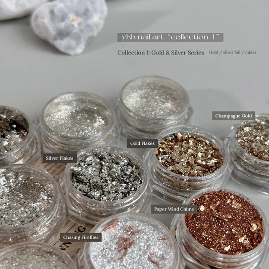 YHH gold and silver foil glitter jars in a row