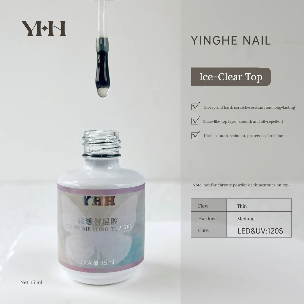 YHH Ice-Clear Top Coat 15 ml bottle with features: glossy, hard, oil-repellent