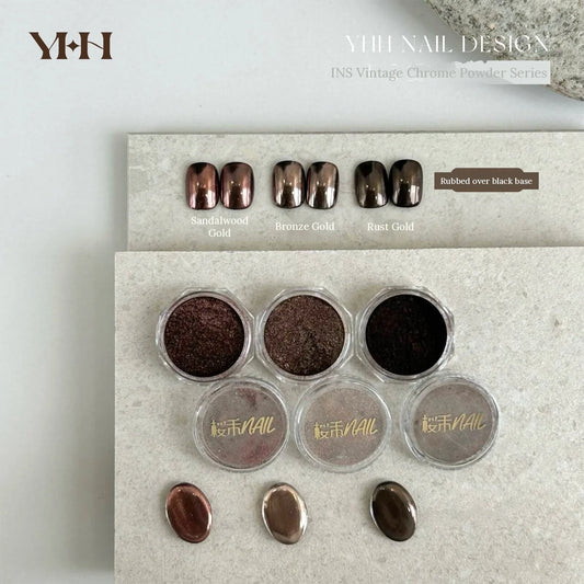 YHH INS Vintage Chrome Powder: three jars and chrome nail swatches in sandalwood, bronze and rust gold