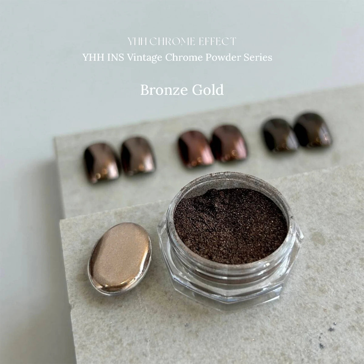 YHH Vintage Chrome Powder in Bronze Gold with chrome nail swatches