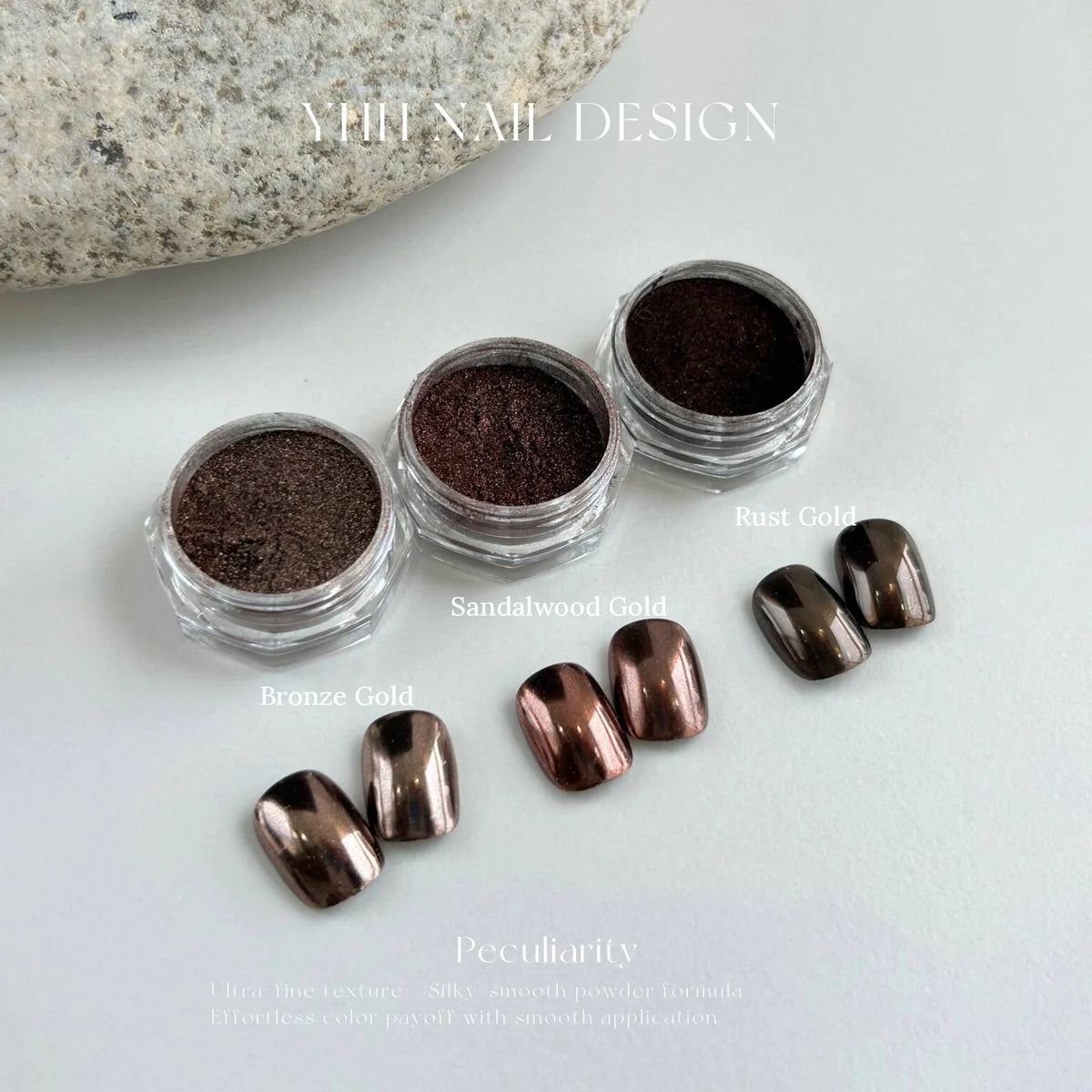 Mirror chrome nails in YHH Vintage Chrome Powder, three warm metallic shades