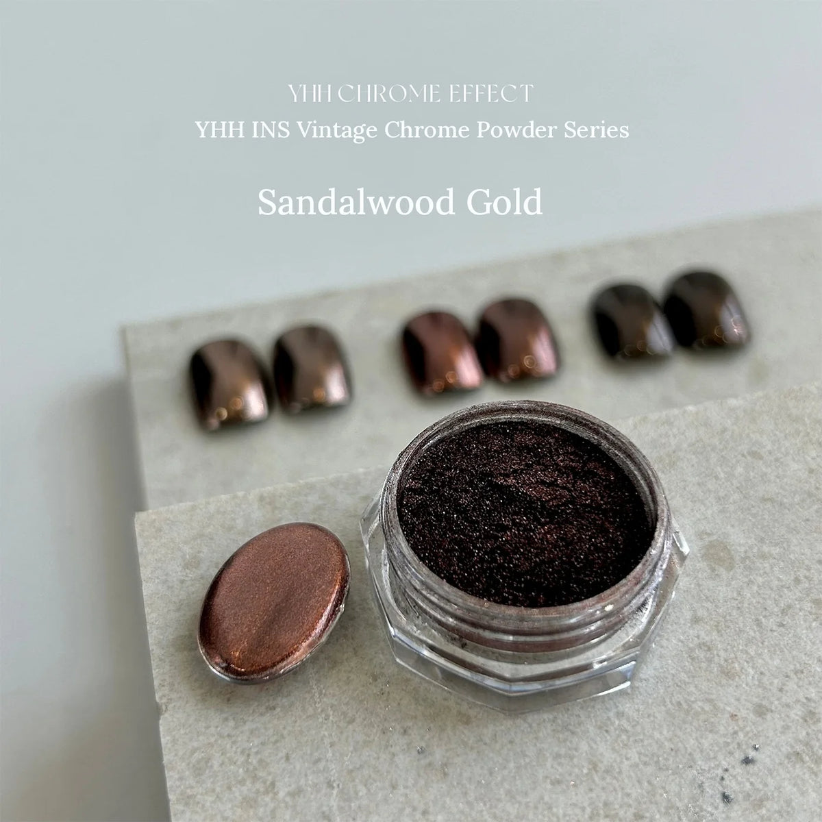 YHH Vintage Chrome Powder in Sandalwood Gold with chrome nail swatches