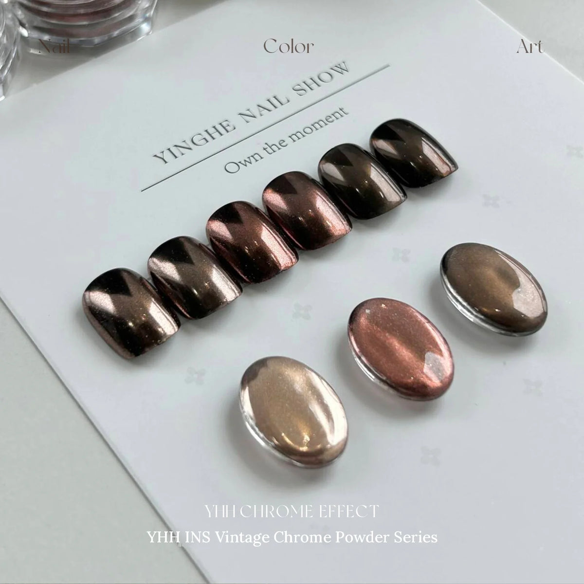 YHH Vintage Chrome nail tips and oval swatches on a display card