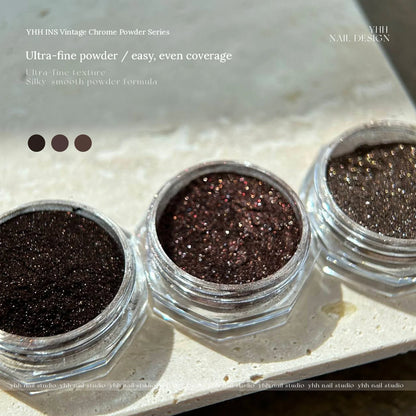Close-up of ultra-fine YHH Vintage Chrome Powder in open jars