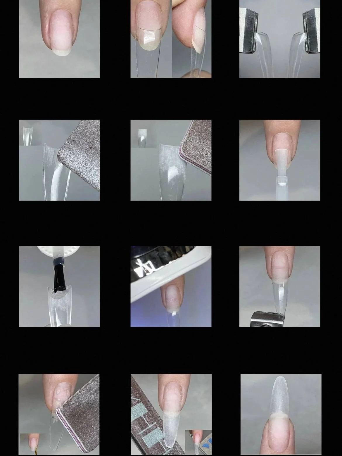 Twelve-photo sequence applying YHH nail tips from prep to finished nail