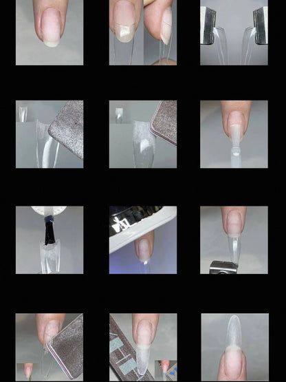 Twelve-photo sequence applying YHH nail tips from prep to finished nail