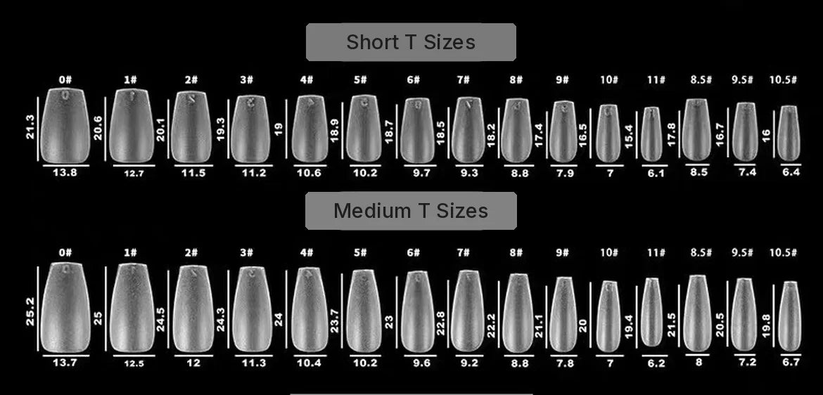 YHH short T and medium T tip size chart with lengths and widths in mm