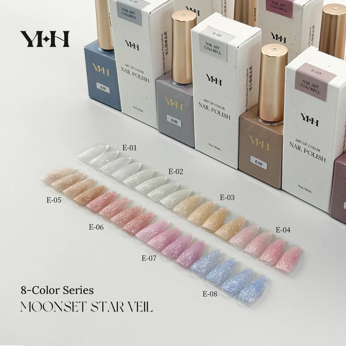 YHH Moonset Star Veil 8 bottles with swatch tips E-01 to E-08
