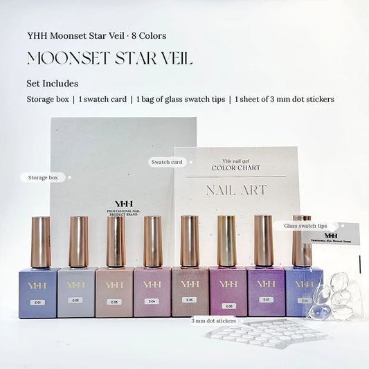 YHH Moonset Star Veil 8-color shimmer gel set with storage box, swatch card, glass tips and stickers