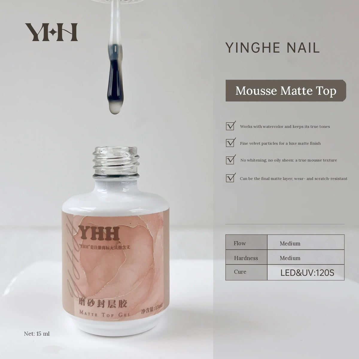 YHH Mousse Matte Top Coat 15 ml bottle with velvet matte features