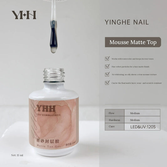 YHH Mousse Matte Top Coat 15 ml bottle with velvet matte features