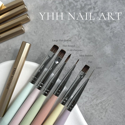 YHH silver nail brush lineup: large flat-round, flat-round, all-purpose, mini builder, flat, liner