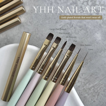 YHH gold-plated nail art brush set of 6 with pastel handles and hexagonal gold caps