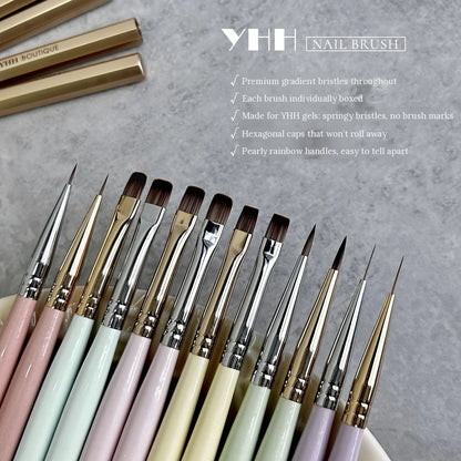 YHH nail art brush set fanned out with pastel handles and English feature list