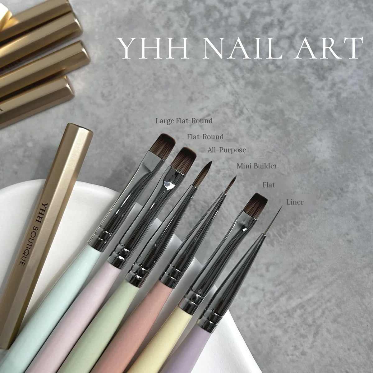 YHH silver-ferrule nail art brush set of 6, each brush shape labeled in English