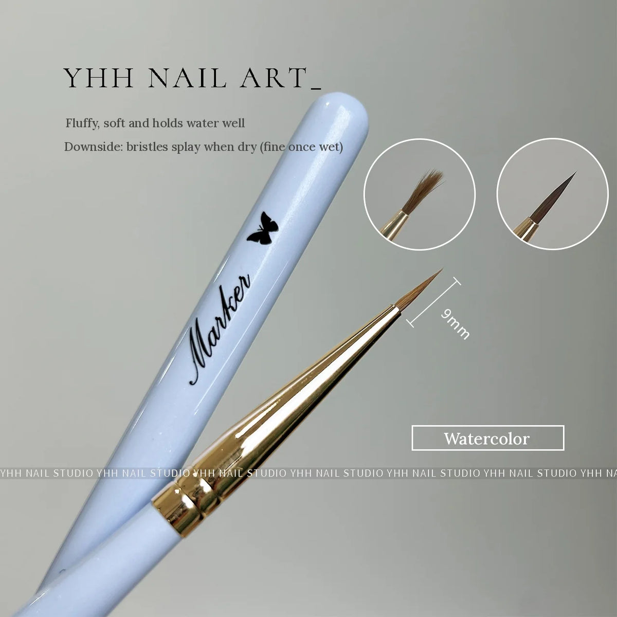 YHH watercolor nail brush with gold ferrule and light blue handle