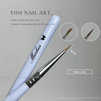 YHH watercolor nail brush, fluffy 9 mm tip, light blue handle, silver ferrule