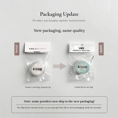 YHH packaging update notice: old header-card bag versus new sealed all-in-one bag