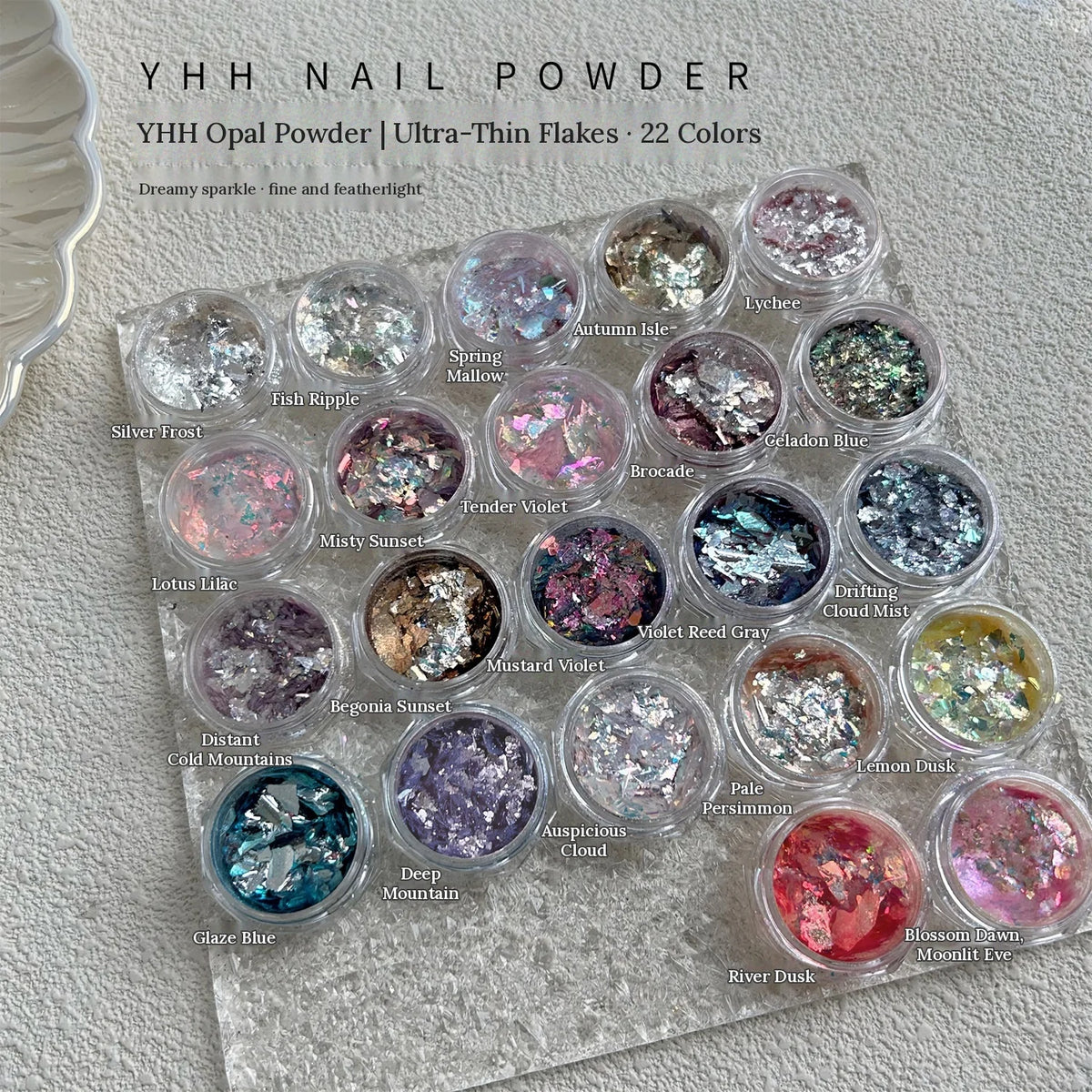 YHH Opal Powder ultra-thin flakes, 22 jars labeled by shade name in English