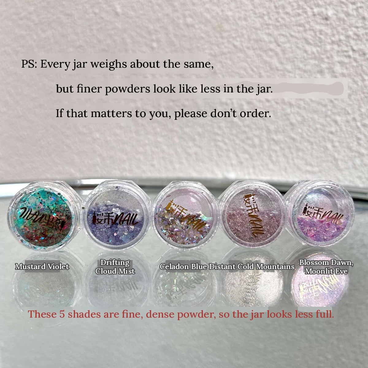 Five fine, dense YHH Opal Powder shades whose jars look less full