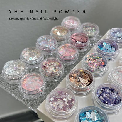 Rows of YHH Opal Powder jars with iridescent pastel flakes