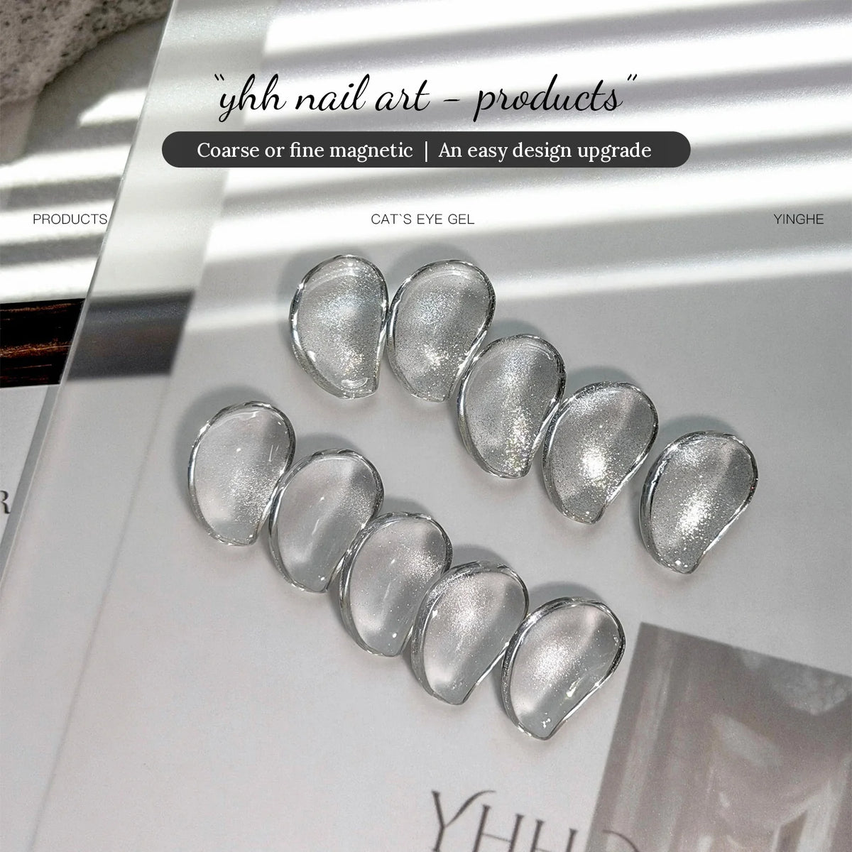 YHH sheer cat eye gel in coarse or fine magnetic, swatched on clear tips