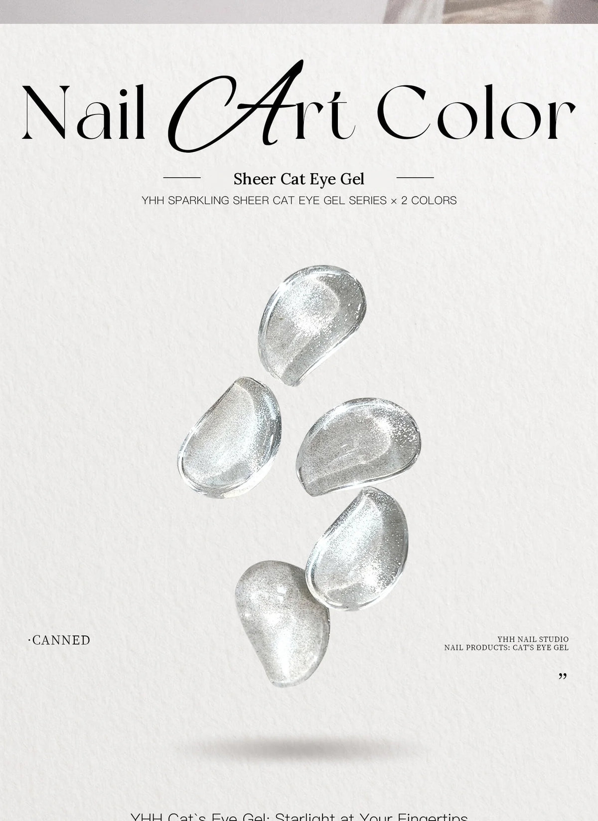 YHH sheer cat eye gel swatches floating on white