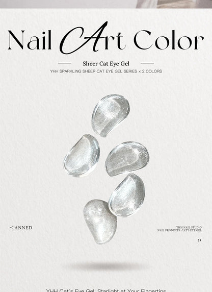 YHH sheer cat eye gel swatches floating on white