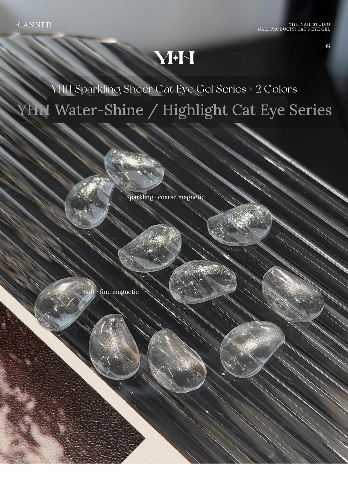 YHH Water-Shine and Highlight sheer cat eye gel series on ribbed glass