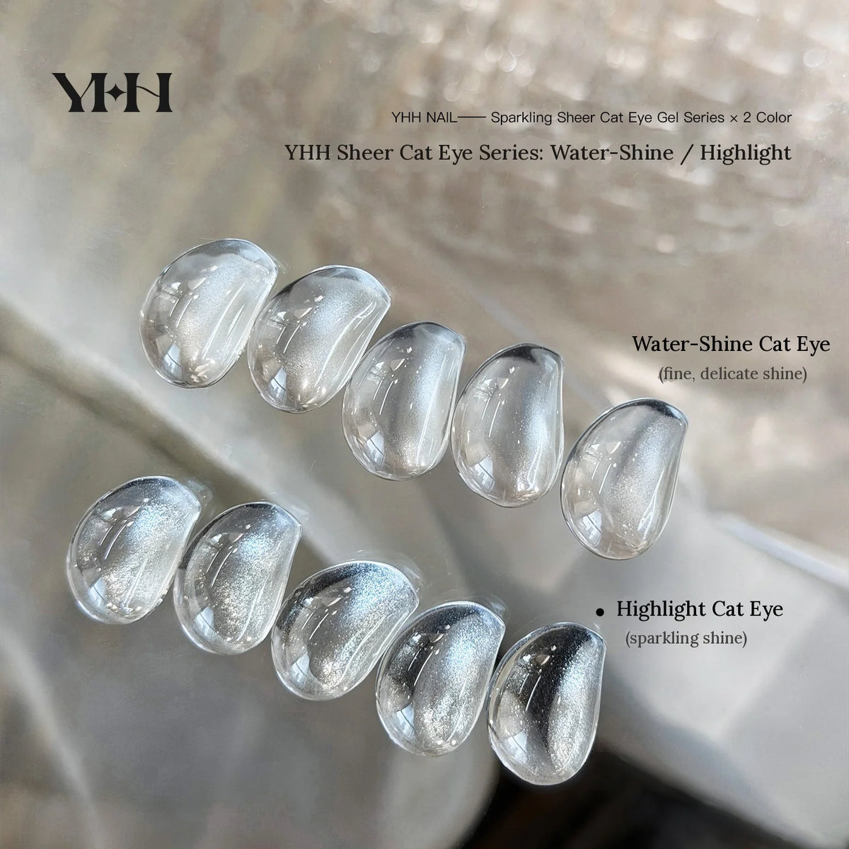 YHH sheer cat eye gel swatches: Water-Shine fine shine and Highlight sparkling shine
