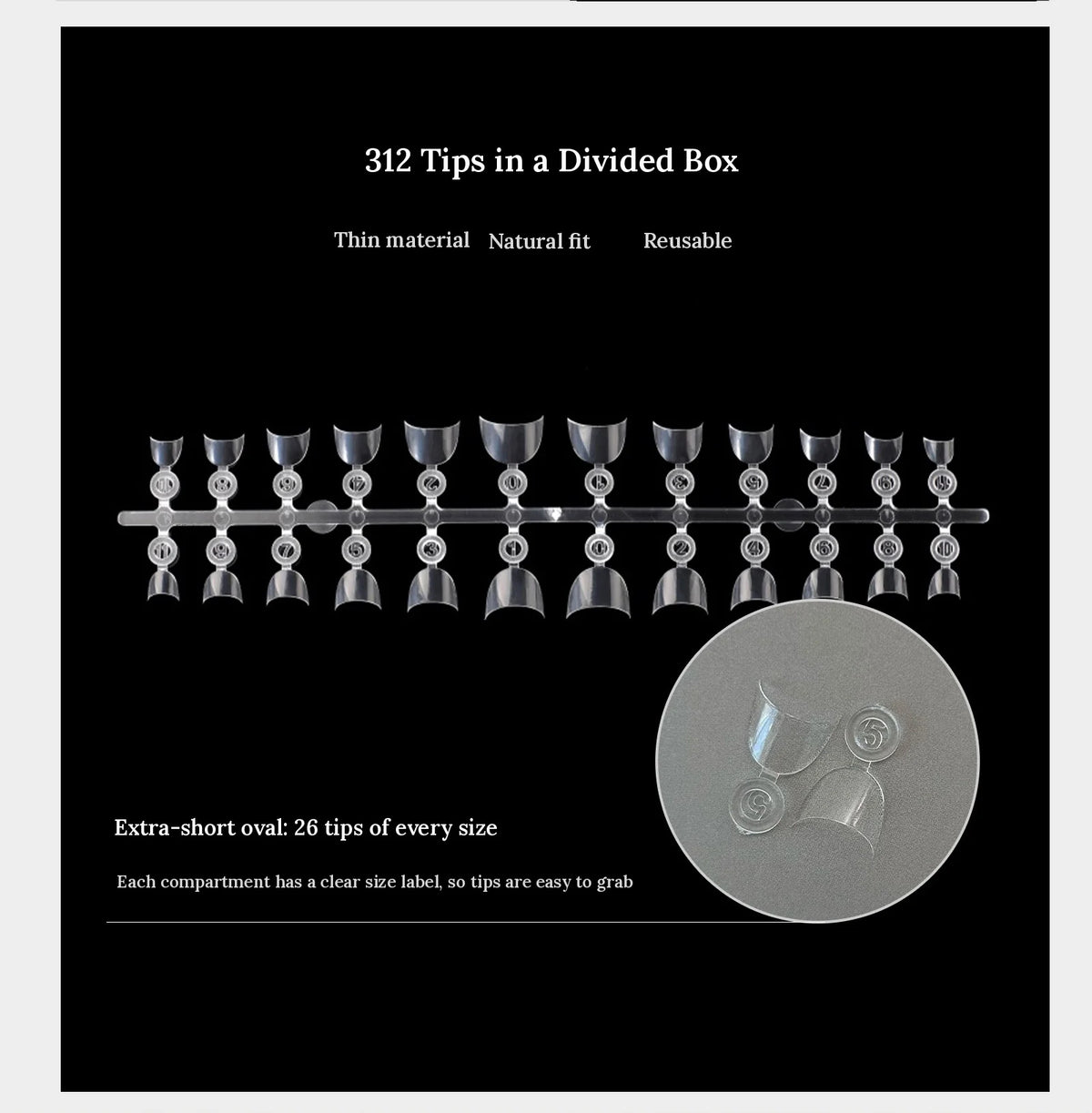 YHH extra-short oval shallow tips: 312 tips, 26 of every size