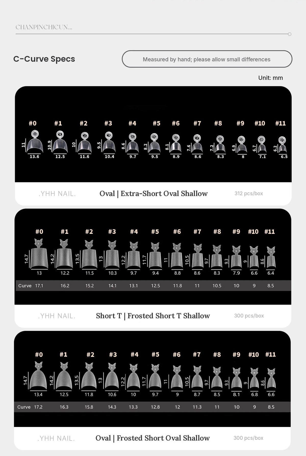 YHH short shallow tips C-curve chart with width, length and curve in mm for sizes 0 to 11