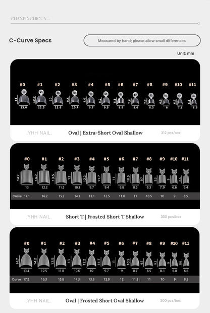 YHH short shallow tips C-curve chart with width, length and curve in mm for sizes 0 to 11