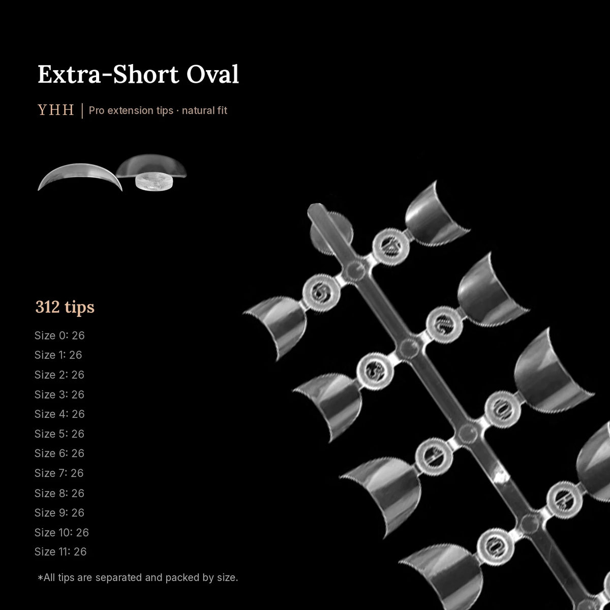 YHH extra-short oval shallow tips, 312 tips with size counts