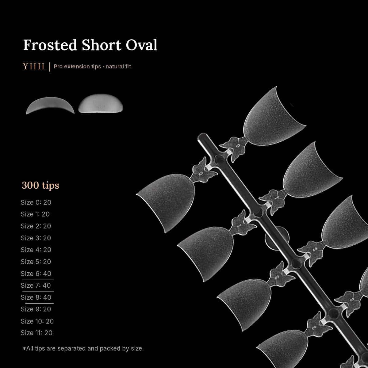 YHH frosted short oval shallow tips, 300 tips with size counts