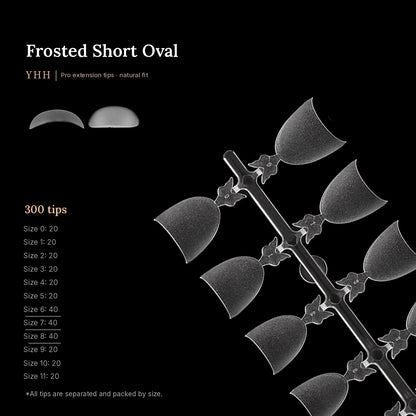 YHH frosted short oval shallow tips, 300 tips with size counts