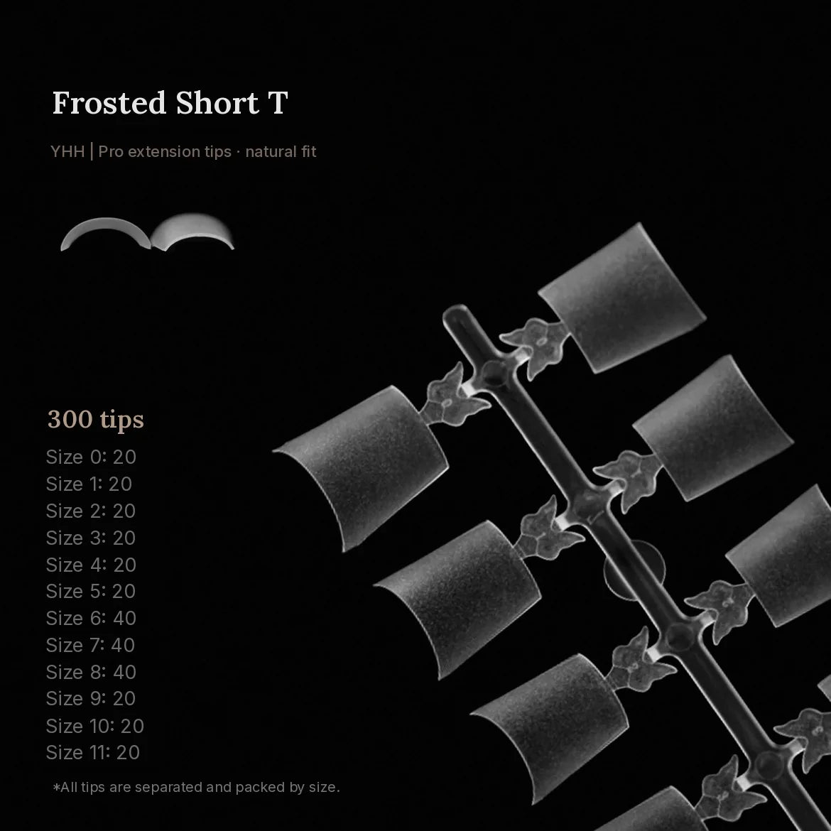 YHH frosted short T shallow tips, 300 tips with size counts