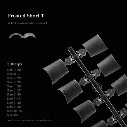 YHH frosted short T shallow tips, 300 tips with size counts