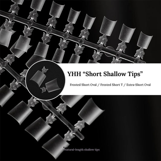 YHH short shallow nail tips on runners: frosted short oval, frosted short T, extra-short oval