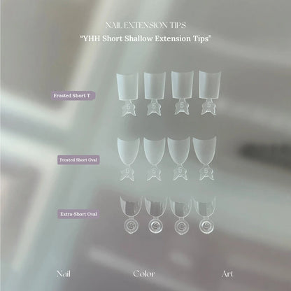 YHH short shallow extension tips shape guide on a soft green background