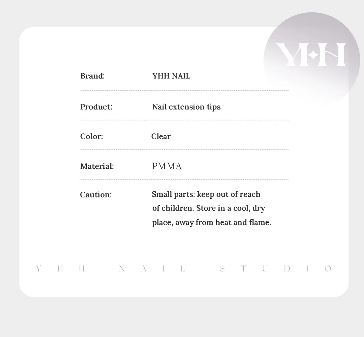 YHH short shallow tips spec card: clear PMMA nail extension tips