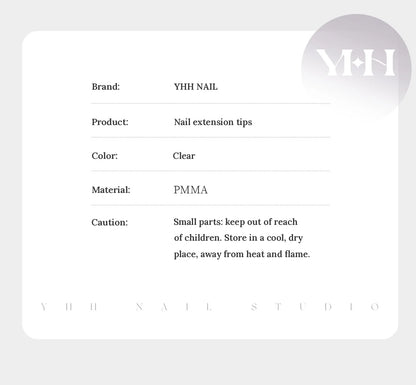 YHH short shallow tips spec card: clear PMMA nail extension tips