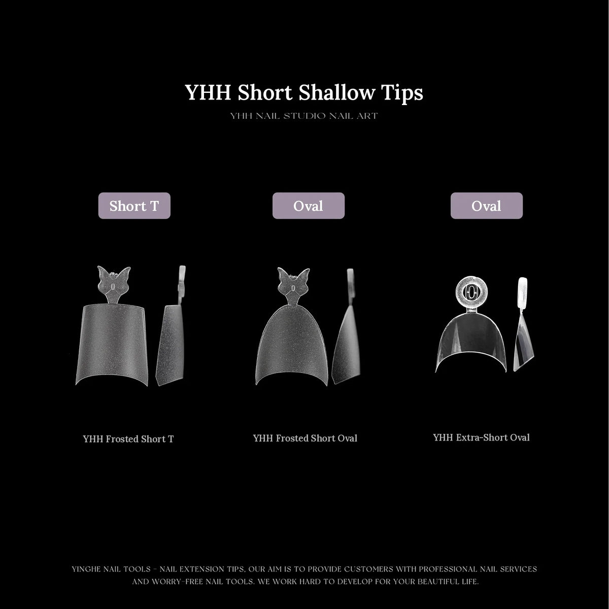 Three YHH short shallow tip shapes: frosted short T, frosted short oval, extra-short oval