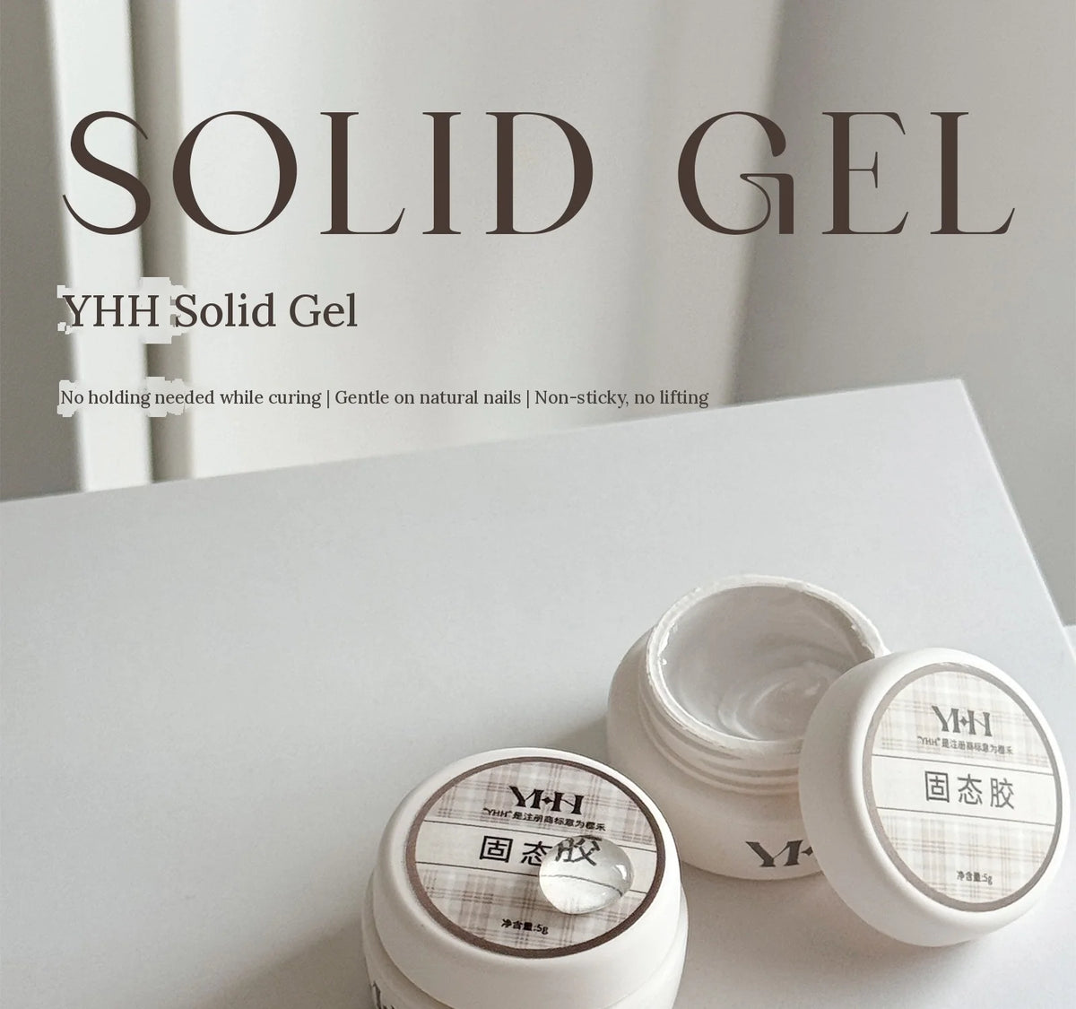 YHH Solid Gel tip adhesive jars on a white card